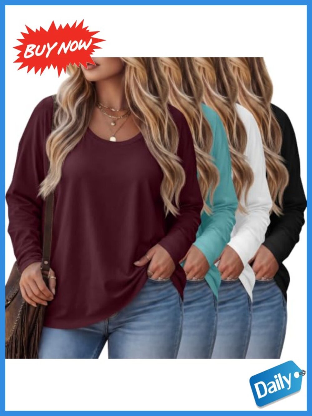 Plus Size Long Sleeve Scoop Neck T-Shirts 4 Pack Loose Fit